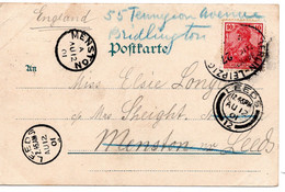 62605 - Deutsches Reich - 1901 - 10Pfg Germania EF A AnsKte Bahnpoststpl BERLIN-LEIPZIG -> MENSTON (Grossbritannien) - Storia Postale