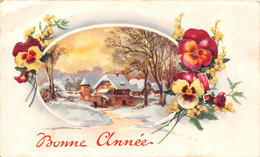 Carte Mignonette 11 X 7 Fantaisie BONNE ANNEE  Paysage NEIGE  Fleur - Pensée - New Year