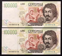 100000 Lire CARAVAGGIO 2° TIPO SERIE D 1997 Q.fds 2 Es. Consecutivi LOTTO 4228 - 100000 Liras