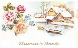 Carte Mignonette 11 X 7 Fantaisie BONNE ANNEE  Paysage NEIGE  - Rose - FLEUR - Barque Cours D'eau - Nouvel An