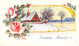 Carte Mignonette 11 X 7 Fantaisie BONNE ANNEE  Paysage NEIGE  - Rose - FLEUR - Nouvel An