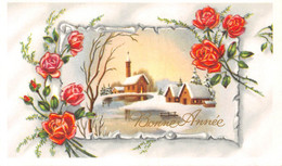 Carte Mignonette 11 X 7 Fantaisie BONNE ANNEE  Paysage NEIGE  - Rose - FLEUR - Eglise - New Year
