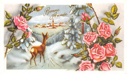 Carte Mignonette 11 X 7 Fantaisie BONNE ANNEE  Paysage NEIGE  - Rose - FLEUR - Biche - - Nouvel An