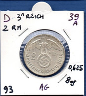 GERMANY - 2 Reichsmark 1939 A -  See Photos - SILVER - Km 93 - 2 Reichsmark