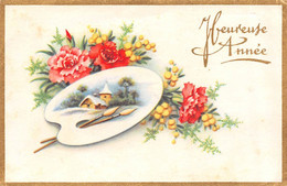 Carte Mignonette 11 X 7 Fantaisie BONNE ANNEE - Bouquet De Fleur - Paysage Hiver Dans Palette Peinture - Nouvel An