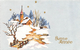 Carte Mignonette 11 X 7 Fantaisie BONNE ANNEE - Paysage Hiver - Eglise - New Year
