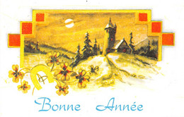 Carte Mignonette 11 X 7 Fantaisie BONNE ANNEE  - Paysage Hiver - Eglise - New Year