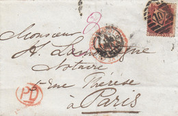 LETTRE. DEVANT. 1874. LONDON 10. POUR PARIS. PD. 1p  . ENTREE .ANGL. CALAIS E. TAXE 3 PLUME ROUGE. - Cartas