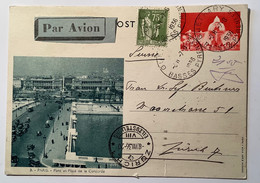 Entier Postal90c Paris Concorde+type Paix75c#284A Par Avion GUETHARY BASSES PYRENEES1936>Zürich SUISSE(France Automobile - Cartes Postales Types Et TSC (avant 1995)