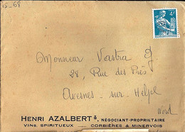 TYPE MOISSONNEUSE N° PREO 106 SUR LETTRE VINS AZALBERT - 1957-1959 Reaper