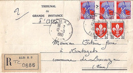 TYPE MARIANNE A LA NEF N° 1234x3 + COMPL. SUR LETTRE RECOMMANDEE DE ALBI / 1960 - 1959-1960 Marianna Alla Nef