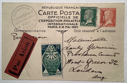 1925 France Entier Postal 45c Pasteur EXPOSITION PHILATELIQUE PARIS Par Avion>London  (philatelic Exhibition Art Deco - Standard- Und TSC-AK (vor 1995)