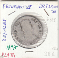 CRE1147 MONEDA ESPAÑA FERNANDO VII 2 REALES 1827 SEVILLA JB PLATA MC - Monete Provinciali