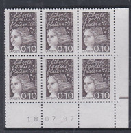 France N° 3086 XX Marianne Luquet 10 C. Bistre-noir En Bloc De 6 Coin Daté Du 18 . 07 . 97 ; 1 Barre, Ss Charnière, TB - 1990-1999