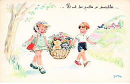 ILLUSTRATEUR - S01965 - Janser - Enfants Tenant Un Panier Rempli De Fleurs - Chien - Chat - Chapeau - Sac à Mains - L1 - Janser