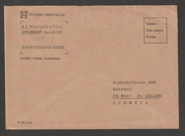 SWEDEN: 1985 COVERT  STATE  RAILWAYS  FREE  OF  CHARGE  -  TO  SWISS - Storia Postale