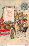 "BONNE ANNÉE"  ENFANTS AUTOMOBILE COQ TROMPETTE CPA Gaufrée 1908 - ♥♥♥ - Nouvel An