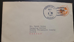 O) 1947 HAWAII, HONOLULU, POSSESSION, AIR POST STAMPED ENVELOPE, SURCHARGED 6c Orange, CIRCULATED TO KANSAS - Hawaï