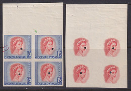 Rhodesia & Nyasaland, Scott 150 (SG 10), Imperf Plate Proof Blocks Of Four - Rhodesia & Nyasaland (1954-1963)