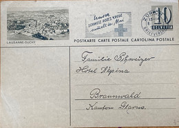 SWITZERLAND 1955, STATIONERY CARD USED, LAUSANNE-OUCHY MACHINE ILLUSTRATED , RED CROSS SLOGAN, ZURICH CITY CANCEL - Briefe U. Dokumente