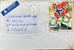 NORWAY TO LITHUANIA COVER USED 1994, LILLEHAMMER 94, OLYMPIC, SPORT, FLAG, BUILDING, SIRRAEE TOWN  AGOTNES CANCEL - Lettres & Documents