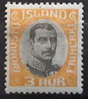 ISLAND ISLANDE Service 1920 Christian X, Fond Gris , Yvert No 33, 3 Aur Jaune Orange Neuf * MH TB - Servizio