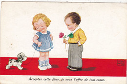 ILLUSTRATEURS. ILLUSTRATION JOHN WILLS. ENFANTS. CHIEN. " ACCEPTEZ CETTE FLEUR JE VOUS L'OFFRE DE TOUT COEUR ".+ TEXTE - Wills, John