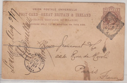 Entier One Penny De London Pour Paris 02.08.1887 Ambulant Calais à Paris 1° Et Arrivée 1 Paris 1 Distrib.on - Cartas & Documentos