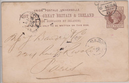 Entier One Penny De London Pour Paris 06.08.1884 Ambulant Calais à Paris 1° Et Arrivée 1 Paris 1 (60) - Covers & Documents