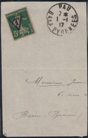 SEMEUSE - 5c - UTILISE COMME TIMBRE TAXE - FRAGMENT DE LETTRE DE PAU - BASSES PYRENEES - LE 1-1-1917. - 1859-1959 Cartas & Documentos