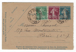 BEAUMONT à PARIS (PONT) Carte Lettre Entier 25c Semeuse Type III Mill 452 Comp Semeuse Ob 1926 Yv 140-CL1 159 189 - Kartenbriefe