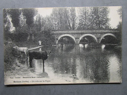 CPA 72 Sarthe BRULON - Le Pont Un Coin Sur La Vègre Abreuvage Du Troupeau  Vaches  1910 - Brulon