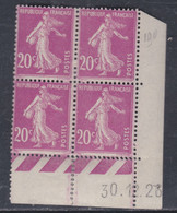 France N° 190 XX  Semeuse : 20 C. Lilas-rose  En Bloc De 4 Coin Daté Du 30 .12 . 26  Ss Point Blanc, Sans Charnière, TB - ....-1929