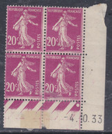 France N° 190 X  Semeuse : 20 C. Lilas-rose  En Bloc De 4 Coin Daté Du 4 . 10 . 33  Sans Point Blanc, Trace Charn., TB - ....-1929