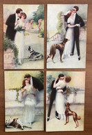 BLOCCO 4 CARTOLINE ARTIST SIGNED MONESTIER GLAMOUR COPPIA BACIO CANE COUPLE KISS DOG SERIE N. 882 - Monestier, C.