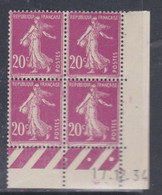 France N° 190 XX  Semeuse : 20 C. Lilas-rose  En Bloc De 4 Coin Daté Du 17 . 12. 34  3 Points Blancs, Sans Charnière, TB - ....-1929