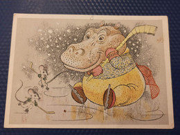 Old USSR Postcard HIPPO PLAYING HOCKEY WITH MICE - 1966 - Ippopotami