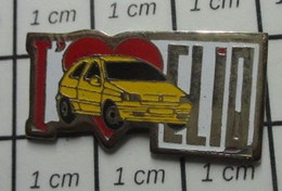 910c Pin's Pins / Beau Et Rare / AUTOMOBILES : RENAULT I LOVE CLIO Variante Jaune - Renault