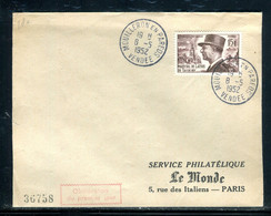 Oblitération FDC En 1952 Sur  Enveloppe Non Illustrée - Maréchal De Lattre  - D 275 - 1950-1959