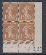 France N° 277B XX Type Semeuse : 1 C. Bistre-brun En Bloc De 4 Coin Daté Du 2 . 2 . 37, Sans Point Blanc, Sans Char. TB - 1930-1939