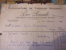♥️    18 FACTURE   FAIENCES  POTERIE ARGENT SUR SAULDRE LOUIS RENAULT - 1900 – 1949