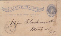 C Canada Post Card, Entier 1 Cent Gris Obl. Sorel Le 2 OC 1884 Pour Montréal - 1860-1899 Règne De Victoria