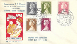 MONACO -  TIMBRES N° 478 479 480 481 482   -  COMMEMORATION DE LA NAISSANCE PRINCESSE CAROLINE - 1er JOUR - 1957 - Storia Postale