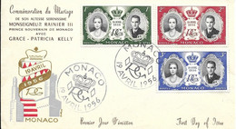 MONACO -  TIMBRES N° 473 474 475    -  COMMEMORATION DU MARIAGE MONSEIGNEUR RAINIER III AVEC GRACE - 1er JOUR - 1956 - Lettres & Documents