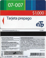 Colombia - ETb (Magnetic) - Tarjeta Prepago Red Band, Exp.31.08.2007, Remote Mem. 1.000Cp$, Used - Colombie