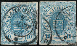 Luxembourg Luxemburg 1859 Armoire 2x 10c. Bleu Marin Cachet 2 Cercles Michel:6b Val.cat.50€/1x Certifié - 1859-1880 Armoiries