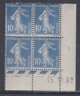 France N° 279 XX Type Semeuse : 10 C. Outremer En Bloc De 4 Coin Daté Du 15. 11. 32 ;  Ss Pt Blanc Sans Charnière, TB - 1930-1939