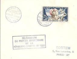 Lettre FDC Togo Célébration Du Premier Anniversaire De La République Autonome Du Togo - Cartas & Documentos