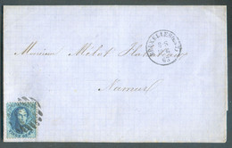 N°15 - Médaillon 20 Centimes Bleu Obl. P EST à 8 Barres Sur Lettre De BRUXELLES (EST)  le 19-6-1863 Vers Namur . - TB - - 1863-1864 Médaillons (13/16)