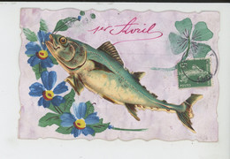 POISSON D'AVRIL - Jolie Carte Fantaisie Avec Ajoutis Poisson 1er Avril Fleurs & Trèfle - 1er Avril - Poisson D'avril